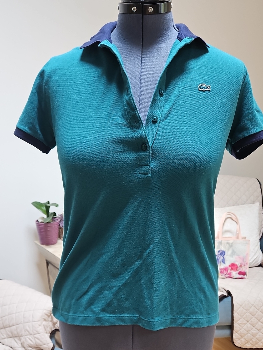 Lacoste Women's Teal Polo with Navy Contrast Collar